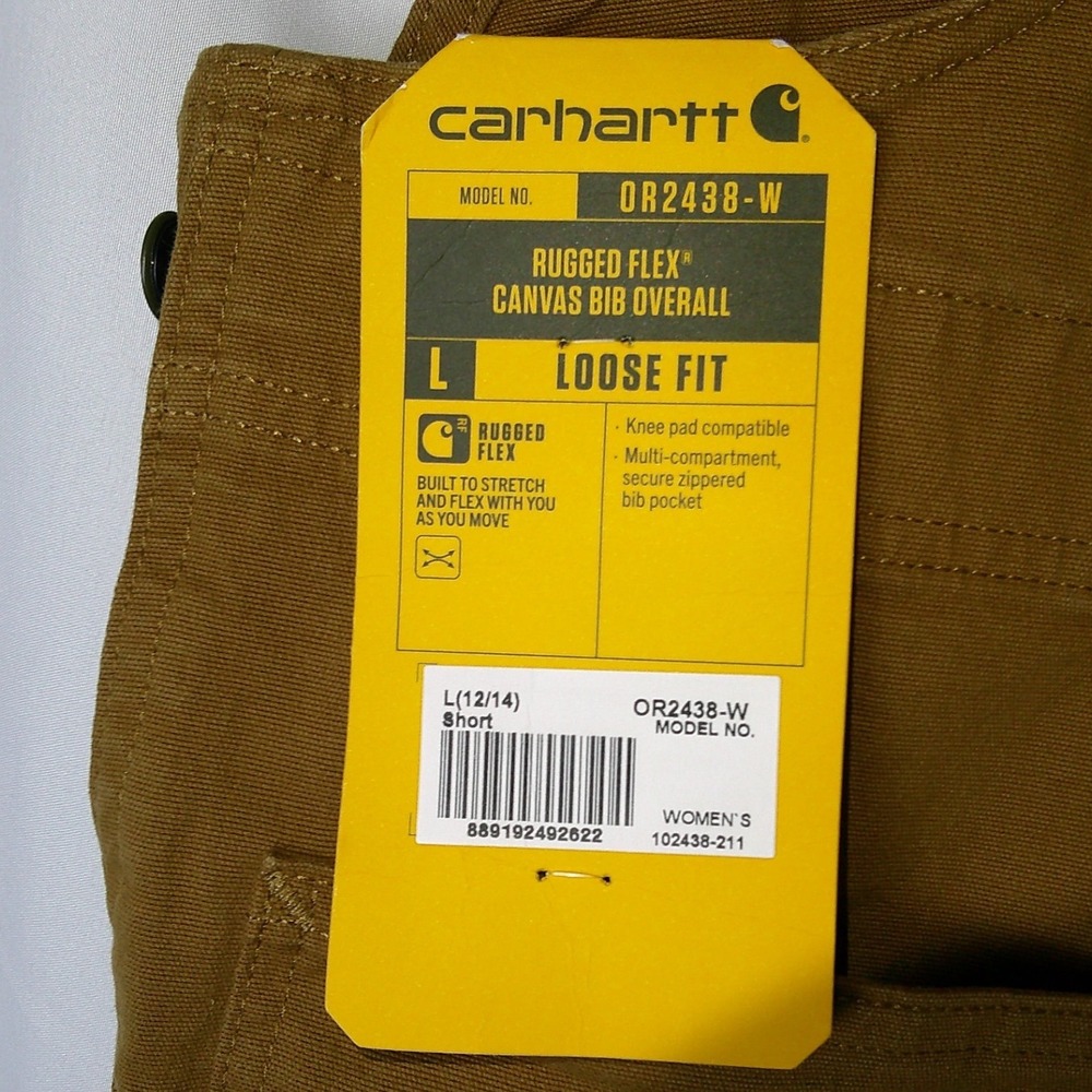Carhartt Womens Rugged Flex Canvas Bib Overalls Brown Loose Fit OR2438-W L Short - Picture 3 of 5